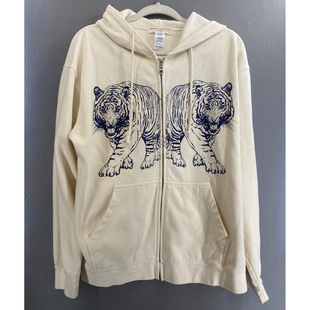 Project Social T Urban Outfitters Tiger Graphic Zip Up Hoodie Cream Mens S/M